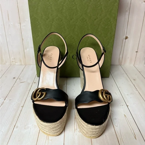 Gucci Nappa Matelasse GG Marmont Platform Espadrille Wedges Black Sz 41.5 / 11.5 - Picture 6 of 11